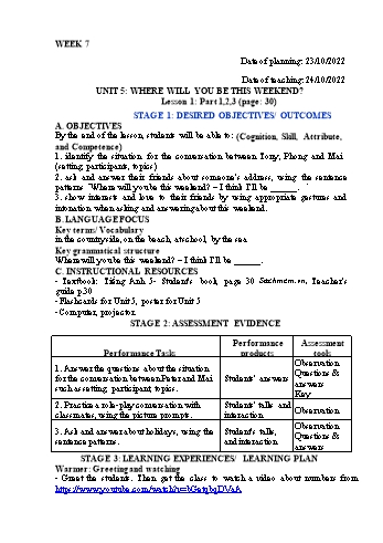 Kế hoạch bài dạy Tiếng Anh Lớp 5 - Tuần 7 - Năm học 2022-2023 - Trần Thị Hương