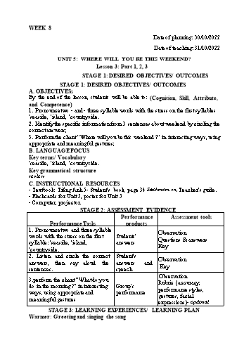 Kế hoạch bài dạy Tiếng Anh Lớp 5 - Tuần 8 - Năm học 2022-2023 - Trần Thị Hương