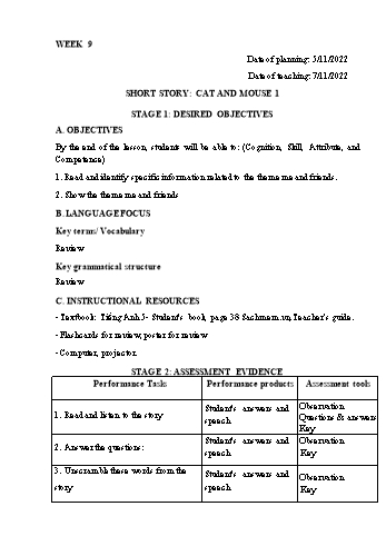 Kế hoạch bài dạy Tiếng Anh Lớp 5 - Tuần 9 - Năm học 2022-2023 - Trần Thị Hương
