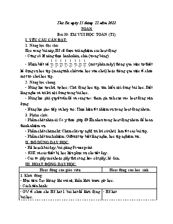 Kế hoạch bài dạy Toán Lớp 3 Sách Cánh diều - Tuần 10. Bài 30: Em vui học toán (Tiết 1) - Năm học 2022-2023 - Nguyễn Thị Mỹ Hoa