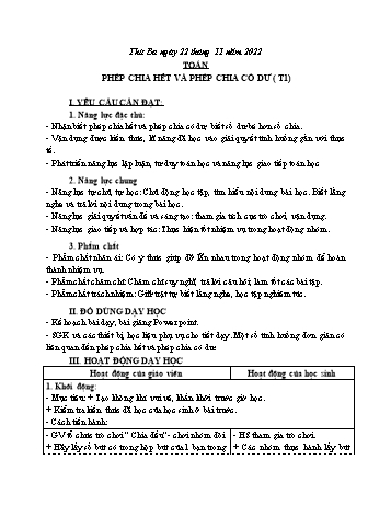 Kế hoạch bài dạy Toán Lớp 3 Sách Cánh diều - Tuần 11: Phép chia hết và phép chia có dư - Năm học 2022-2023 - Nguyễn Thị Mỹ Hoa