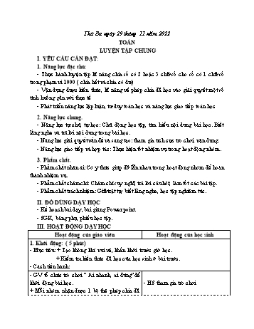 Kế hoạch bài dạy Toán Lớp 3 Sách Cánh diều - Tuần 12: Luyện tập chung - Năm học 2022-2023 - Nguyễn Thị Mỹ Hoa
