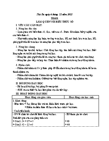 Kế hoạch bài dạy Toán Lớp 3 Sách Cánh diều - Tuần 13: Làm quen với biểu thức số - Năm học 2022-2023 - Nguyễn Thị Mỹ Hoa