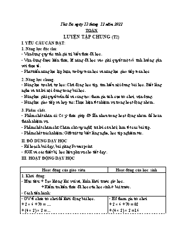 Kế hoạch bài dạy Toán Lớp 3 Sách Cánh diều - Tuần 14: Luyện tập chung - Năm học 2022-2023 - Nguyễn Thị Mỹ Hoa
