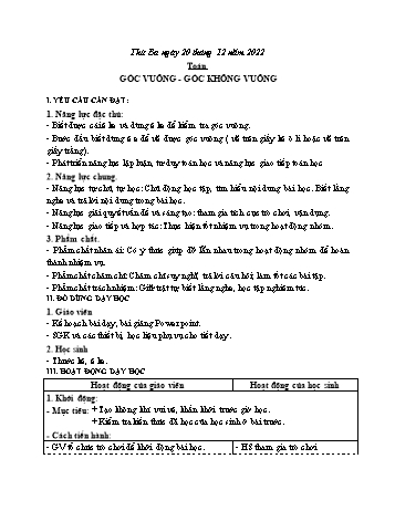 Kế hoạch bài dạy Toán Lớp 3 Sách Cánh diều - Tuần 15: Góc vuông. Góc không vuông - Năm học 2022-2023 - Nguyễn Thị Mỹ Hoa