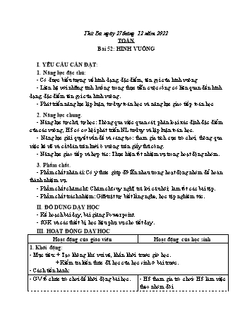 Kế hoạch bài dạy Toán Lớp 3 Sách Cánh diều - Tuần 16. Bài 52: Hình vuông - Năm học 2022-2023 - Nguyễn Thị Mỹ Hoa
