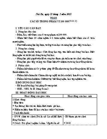 Kế hoạch bài dạy Toán Lớp 3 Sách Cánh diều - Tuần 20: Các số trong phạm vi 100 000 (Tiết 2) - Năm học 2022-2023 - Nguyễn Thị Mỹ Hoa