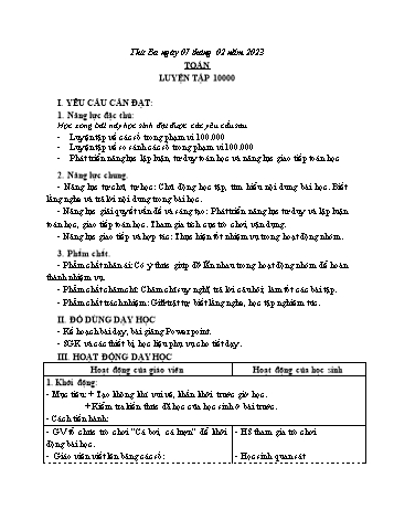 Kế hoạch bài dạy Toán Lớp 3 Sách Cánh diều - Tuần 21: Luyện tập 10 000 - Năm học 2022-2023 - Nguyễn Thị Mỹ Hoa