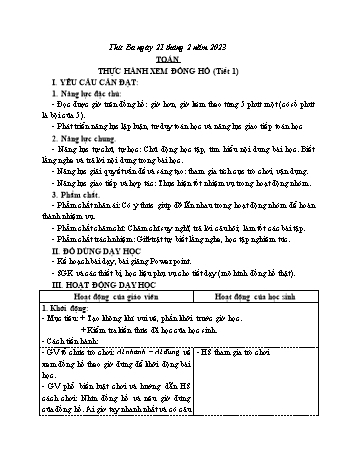Kế hoạch bài dạy Toán Lớp 3 Sách Cánh diều - Tuần 23: Thực hành xem đồng hồ - Năm học 2022-2023 - Nguyễn Thị Mỹ Hoa