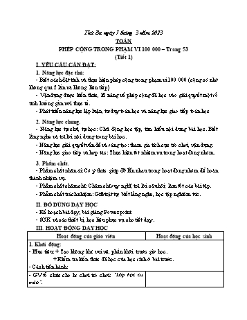 Kế hoạch bài dạy Toán Lớp 3 Sách Cánh diều - Tuần 25: Phép cộng trong phạm vi 100 000 (Tiết 1) - Năm học 2022-2023 - Nguyễn Thị Mỹ Hoa