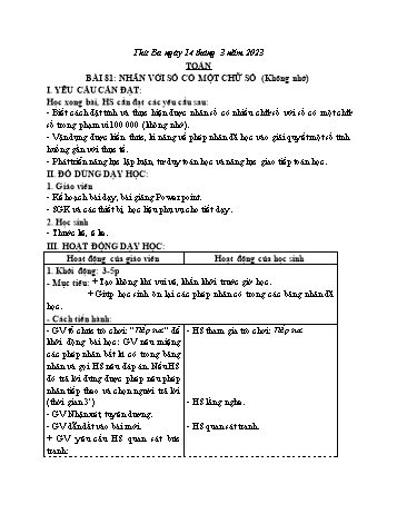 Kế hoạch bài dạy Toán Lớp 3 Sách Cánh diều - Tuần 26. Bài 81: Nhân với số có một chữ số - Năm học 2022-2023 - Nguyễn Thị Mỹ Hoa