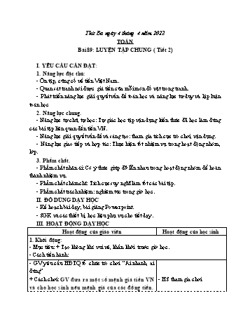 Kế hoạch bài dạy Toán Lớp 3 Sách Cánh diều - Tuần 29. Bài 89: Luyện tập chung (Tiết 2) - Năm học 2022-2023 - Nguyễn Thị Mỹ Hoa