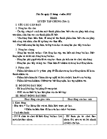 Kế hoạch bài dạy Toán Lớp 3 Sách Cánh diều - Tuần 30: Luyện tập chung - Năm học 2022-2023 - Nguyễn Thị Mỹ Hoa