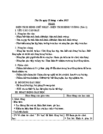 Kế hoạch bài dạy Toán Lớp 3 Sách Cánh diều - Tuần 31: Diện tích hình chữ nhật. Diện tích hình vuông - Năm học 2022-2023 - Nguyễn Thị Mỹ Hoa