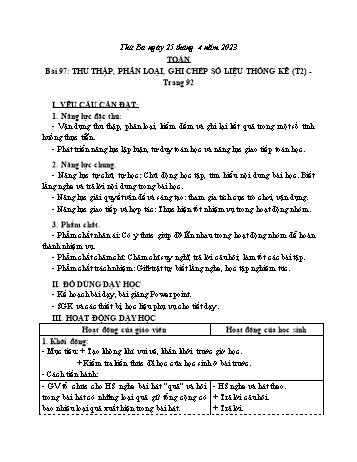 Kế hoạch bài dạy Toán Lớp 3 Sách Cánh diều - Tuần 32. Bài 97: Thu thập, phân loại, ghi chép số liệu thống kê - Năm học 2022-2023 - Nguyễn Thị Mỹ Hoa