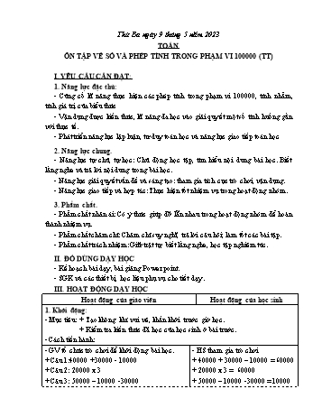 Kế hoạch bài dạy Toán Lớp 3 Sách Cánh diều - Tuần 34: Ôn tập về số và phép tính trong phạm vi 100 000 (Tiếp theo) - Năm học 2022-2023 - Nguyễn Thị Mỹ Hoa