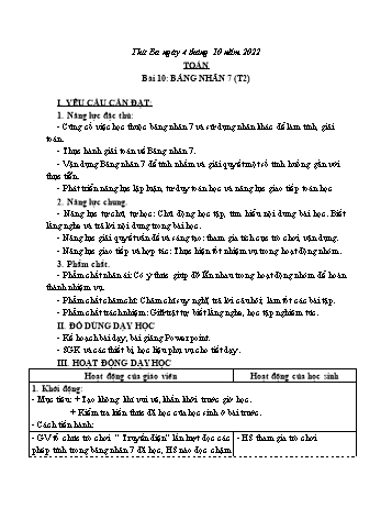 Kế hoạch bài dạy Toán Lớp 3 Sách Cánh diều - Tuần 4. Bài 10: Bảng nhân 7 (Tiết 2) - Năm học 2022-2023 - Nguyễn Thị Mỹ Hoa