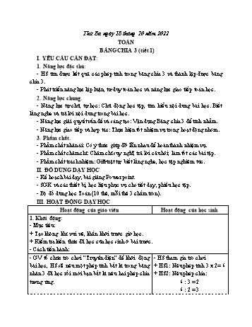 Kế hoạch bài dạy Toán Lớp 3 Sách Cánh diều - Tuần 6: Bảng chia 3 (Tiết 1) - Năm học 2022-2023 - Nguyễn Thị Mỹ Hoa