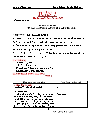 Kế hoạch bài dạy Tự nhiên và Xã hội Lớp 1 Sách Cánh diều - Tuần 5 - Năm học 2022-2023 - Lê Thị Ngọc Thúy