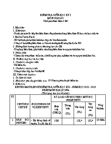 Kế hoạch bày dạy môn Địa lí Lớp 6 đến Lớp 9 - Kiểm tra giữa học kỳ I (Có đáp án + Ma trận)