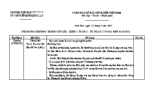 Kế hoạch dạy học hỗ trợ Khối 2 - Tuần 1 - Năm học 2021-2022 - Trường Tiểu học Hòa Tịnh A