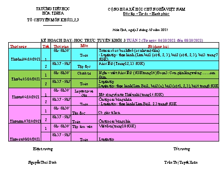Kế hoạch dạy học trực tuyến Khối 3, 4, 5 - Tuần 2 - Năm học 2021-2022 - Trường Tiểu học Hòa Tịnh A