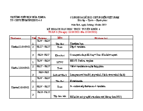 Kế hoạch dạy học trực tuyến Khối 4 - Tuần 1 đến 7 - Năm học 2021-2022 - Trường Tiểu học Hòa Thịnh A