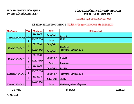 Kế hoạch dạy học trực tuyến Khối Tiểu học - Tuần 3 - Năm học 2021-2022 - Trường Tiểu học Hòa Tịnh A