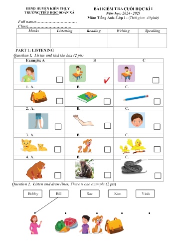 Ma trận + Đề kiểm tra cuối học kì I môn Tiếng Anh Lớp 1 - Năm học 2024-2025 - Trường Tiểu học Đoàn Xá (Có đáp án + File nghe)