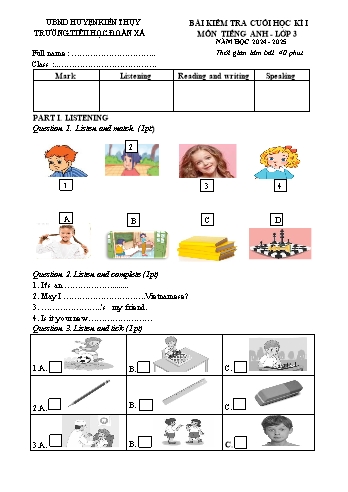 Ma trận + Đề kiểm tra cuối học kì I môn Tiếng Anh Lớp 3 - Năm học 2024-2025 - Trường Tiểu học Đoàn Xá (Có đáp án + File nghe)