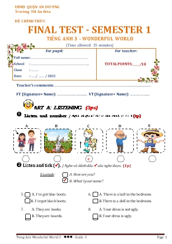 Ma trận + Đề kiểm tra cuối học kì I môn Tiếng Anh Lớp 3 (Wonderful World) - Năm học 2024-2025 - Trường Tiểu học An Hòa (Có đáp án + File nghe)