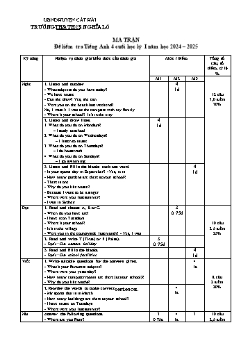 Ma trận + Đề kiểm tra cuối học kì I môn Tiếng Anh Lớp 4 - Năm học 2024-2025 - Trường TH&THCS Nghĩa Lộ (Có đáp án + File nghe)