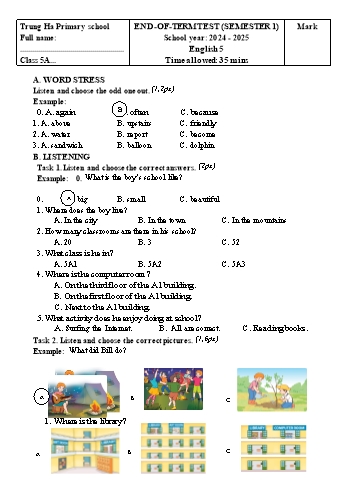Ma trận + Đề kiểm tra cuối học kì I môn Tiếng Anh Lớp 5 - Năm học 2024-2025 - Trường Tiểu học Trung Hà (Có đáp án + File nghe)