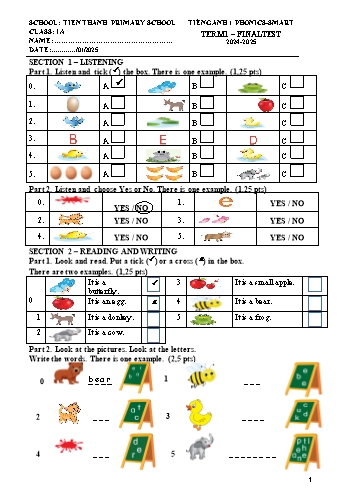 Ma trận + Đề kiểm tra cuối học kỳ I môn Tiếng Anh Lớp 1 (Phonics-Smart) - Năm học 2024-2025 - Trường Tiểu học Tiên Thanh (Có đáp án + File nghe)