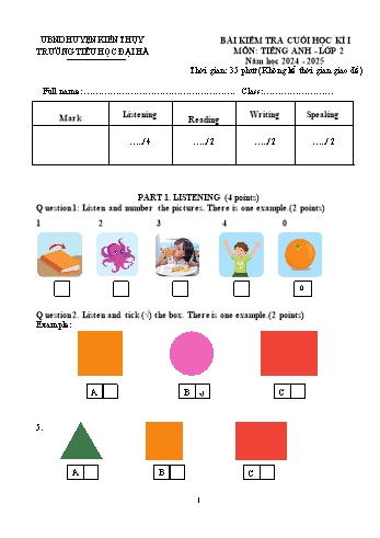 Ma trận + Đề kiểm tra cuối học kỳ I môn Tiếng Anh Lớp 2 - Năm học 2024-2025 - Trường Tiểu học Đại Hà (Có đáp án + File nghe)
