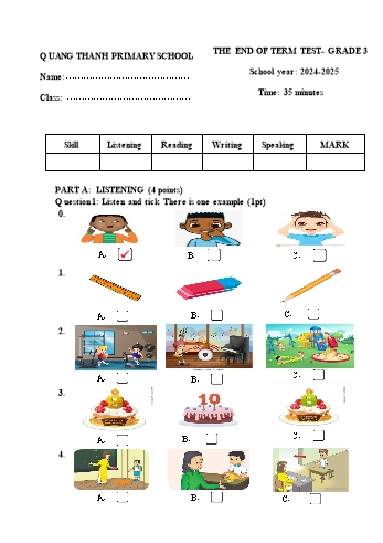 Ma trận + Đề kiểm tra cuối học kỳ I môn Tiếng Anh Lớp 3 - Năm học 2024-2025 - Trường Tiểu học Quảng Thanh (Có đáp án + File nghe)