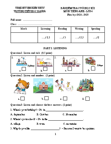 Ma trận + Đề kiểm tra cuối học kỳ I môn Tiếng Anh Lớp 4 - Năm học 2024-2025 - Trường Tiểu học Đại Hà (Có đáp án + File nghe)