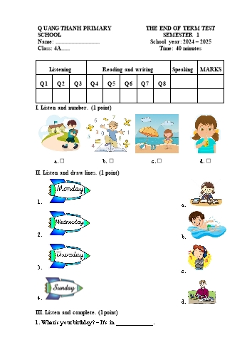 Ma trận + Đề kiểm tra cuối học kỳ I môn Tiếng Anh Lớp 4 - Năm học 2024-2025 - Trường Tiểu học Quảng Thanh (Có đáp án + File nghe)