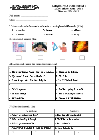 Ma trận + Đề kiểm tra cuối học kỳ I môn Tiếng Anh Lớp 5 - Năm học 2024-2025 - Trường Tiểu học Đại Hà (Có đáp án + File nghe)