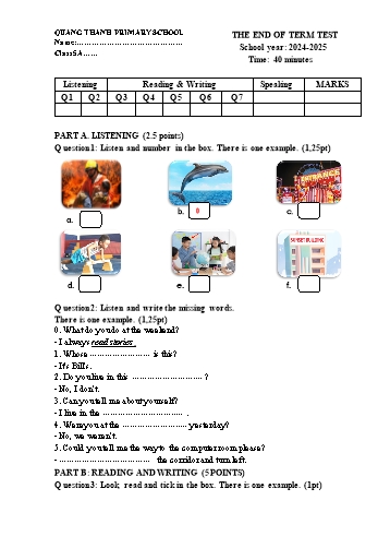 Ma trận + Đề kiểm tra cuối học kỳ I môn Tiếng Anh Lớp 5 - Năm học 2024-2025 - Trường Tiểu học Quảng Thanh (Có đáp án + File nghe)