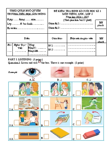 Ma trận + Đề kiểm tra định kì cuối học kì I môn Tiếng Anh Lớp 3 - Năm học 2024-2025 - Trường Tiểu học Kim Đồng (Có đáp án + File nghe)