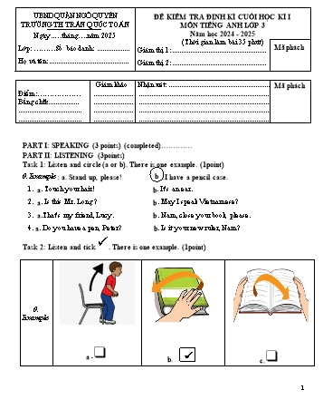 Ma trận + Đề kiểm tra định kì cuối học kì I môn Tiếng Anh Lớp 3 - Năm học 2024-2025 - Trường Tiểu học Trần Quốc Toản (Có đáp án + File nghe)