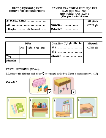 Ma trận + Đề kiểm tra định kì cuối học kì I môn Tiếng Anh Lớp 5 - Năm học 2024-2025 - Trường Tiểu học Lê Hồng Phong (Có đáp án + File nghe)