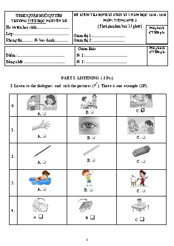 Ma trận + Đề kiểm tra định kì cuối học kì I môn Tiếng Anh Lớp 3 - Năm học 2024-2025 - Trường Tiểu học Nguyễn Du (Có đáp án + File nghe)
