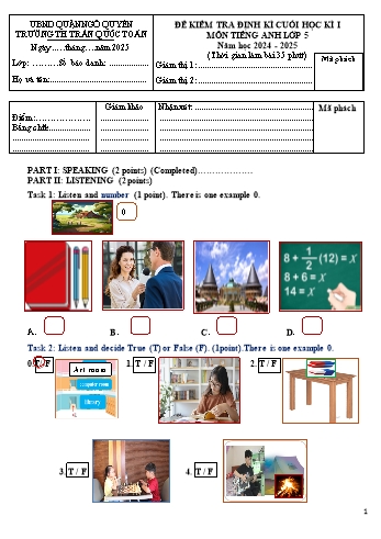 Ma trận + Đề kiểm tra định kì cuối học kì I môn Tiếng Anh Lớp 5 - Năm học 2024-2025 - Trường Tiểu học Trần Quốc Toản (Có đáp án + File nghe)