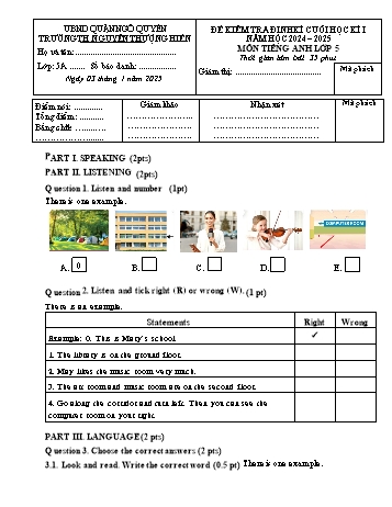 Ma trận + Đề kiểm tra định kì cuối học kì I môn Tiếng Anh Lớp 5 - Năm học 2024-2025 - Trường Tiểu học Nguyễn Thượng Hiền (Có đáp án + File nghe)