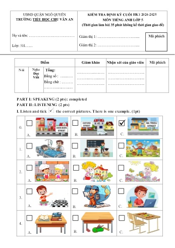 Ma trận + Đề kiểm tra định kì cuối học kì I môn Tiếng Anh Lớp 5 - Năm học 2024-2025 - Trường Tiểu học Chu Văn An (Có đáp án + File nghe)