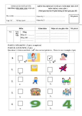 Ma trận + Đề kiểm tra định kì cuối học kì I môn Tiếng Anh Lớp 3 - Năm học 2024-2025 - Trường Tiểu học Chu Văn An (Có đáp án + File nghe)