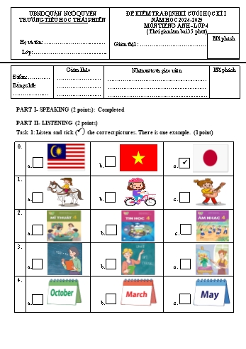 Ma trận + Đề kiểm tra định kì cuối học kì I môn Tiếng Anh Lớp 4 - Năm học 2024-2025 - Trường Tiểu học Thái Phiên (Có đáp án + File Nghe)
