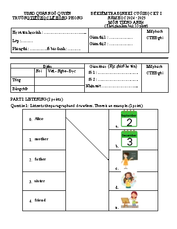 Ma trận + Đề kiểm tra định kì cuối học kì I môn Tiếng Anh Lớp 4 - Năm học 2024-2025 - Trường Tiểu học Lê Hồng Phong (Có đáp án + File nghe)